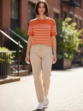 Lauren Ralph Lauren women’s Orange Striped Crewneck Knit Top. Size XL